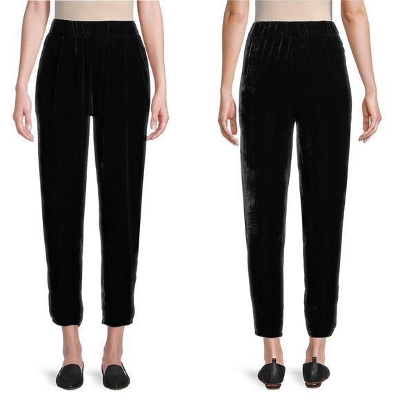 Eileen Fisher Black Crushed Velvet Tapered Ankle Pants Size Small Rayon/Silk - Picture 1 of 14